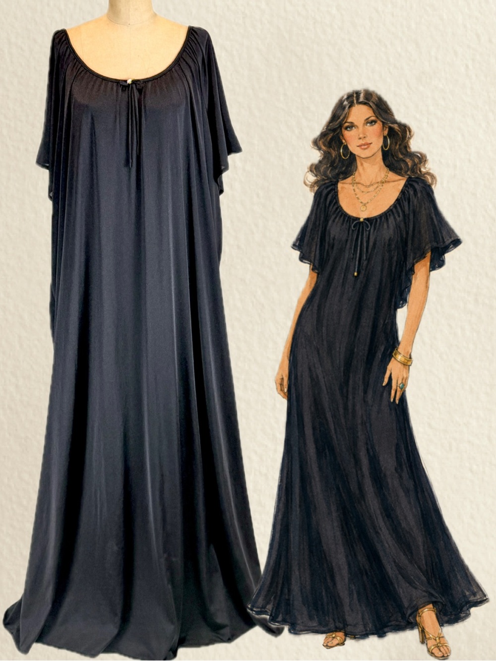 VINTAGE glamorous nightgown slip dress black silky long maxi scoop neck plus 3X
